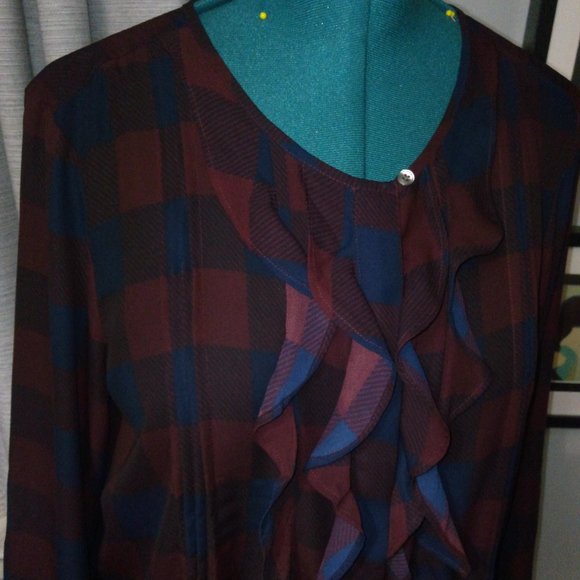 Ann Taylor Checkered Plaid Ruffled Blouse Sz L - Picture 3 of 12